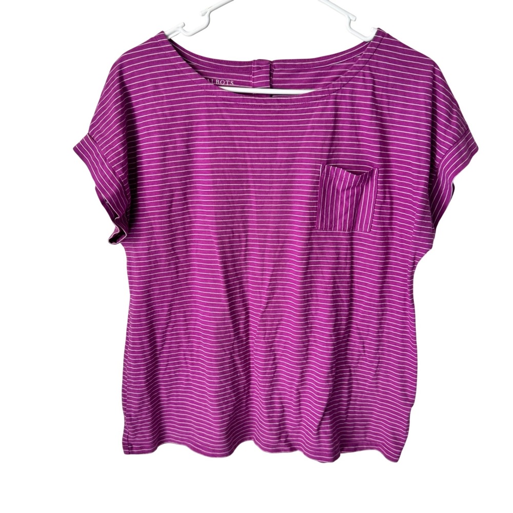 Talbots Womens Large Magenta White Striped Boat Neck Button Back Pocket Tee Top